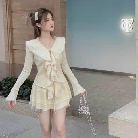 Set áo váy phối bèo chiết eo nữ tính, Set bộ đồ nữ phối ren áo buộc nơ sau phối chân váy xòe có lót tiểu thư B804 SUTANO