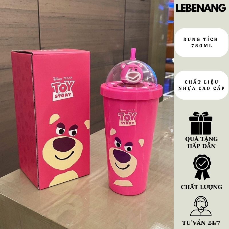 Cốc ly gấu dâu Los.to phiên bản ly nhựa có sticker dung tích 750ML tặng kèm ống hút Lebenang