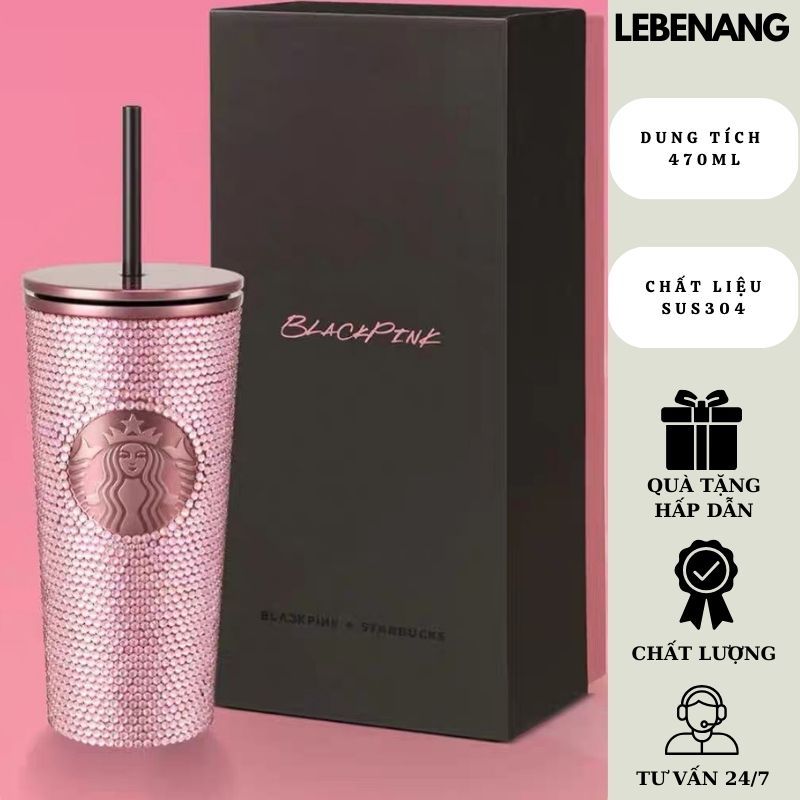 Blackpink x Starbucks Ly giữ nhiệt phiên bản đính đá màu goldrose sang chảnh Lebenang