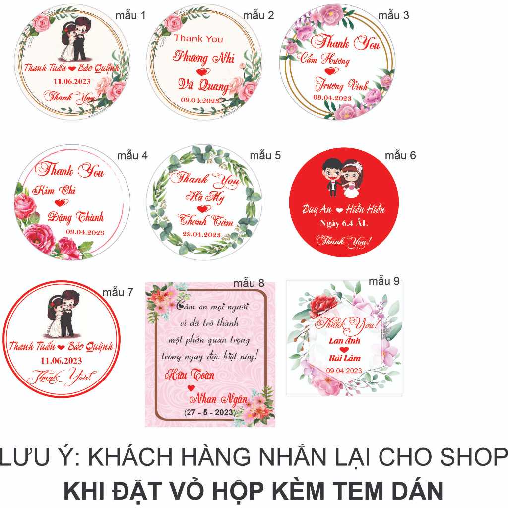 100 -150 Tag, Thẻ cảm ơn, Tem dán trang trí hộp quà cưới, liên hệ chọn mẫu