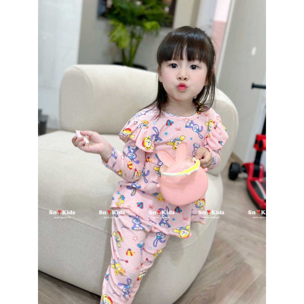 Bộ quần áo tăm gân bánh bèo cổ tròn cho bé gái từ 8-20kg