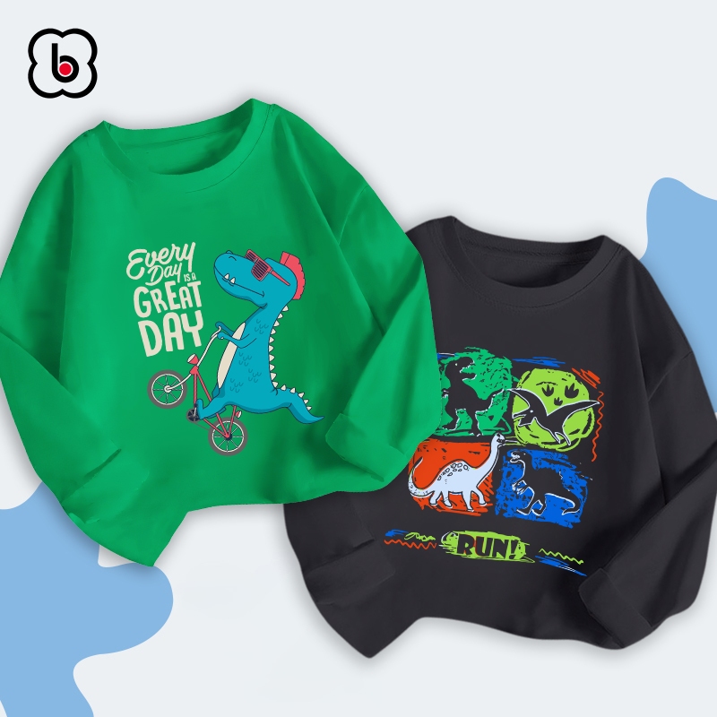 Combo 2 áo dài tay bé trai BabyloveGO 2024 áo thu đông cổ tròn in hình khủng long