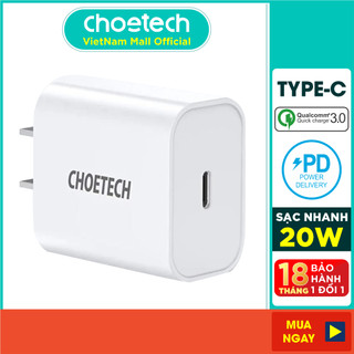 Adapter Củ Sạc CHOETECH PD 20W Chuyên Sạc Nhanh iPhone, iPad PD5005 - Hàng Chính Hãng