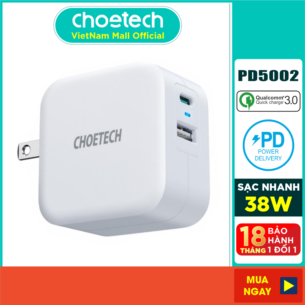 Adapter Củ Sạc 38W CHOETECH PD5002 USB-A Quick Charge 3.0, USB Type C PD 20W - Hàng Chính Hãng