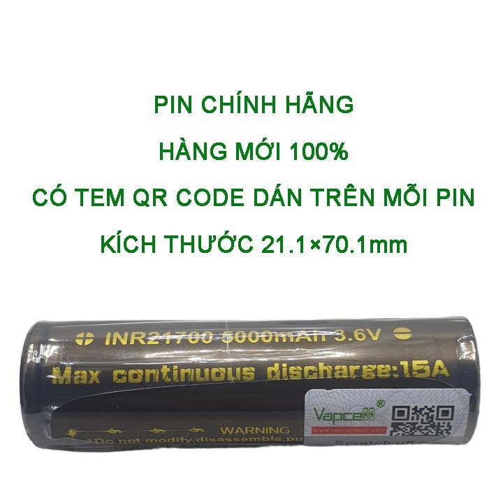 PIN chính hãng Vapcell N50 đầu bằng 21700 5000mah dòng xả liên tục 15A - Prism official