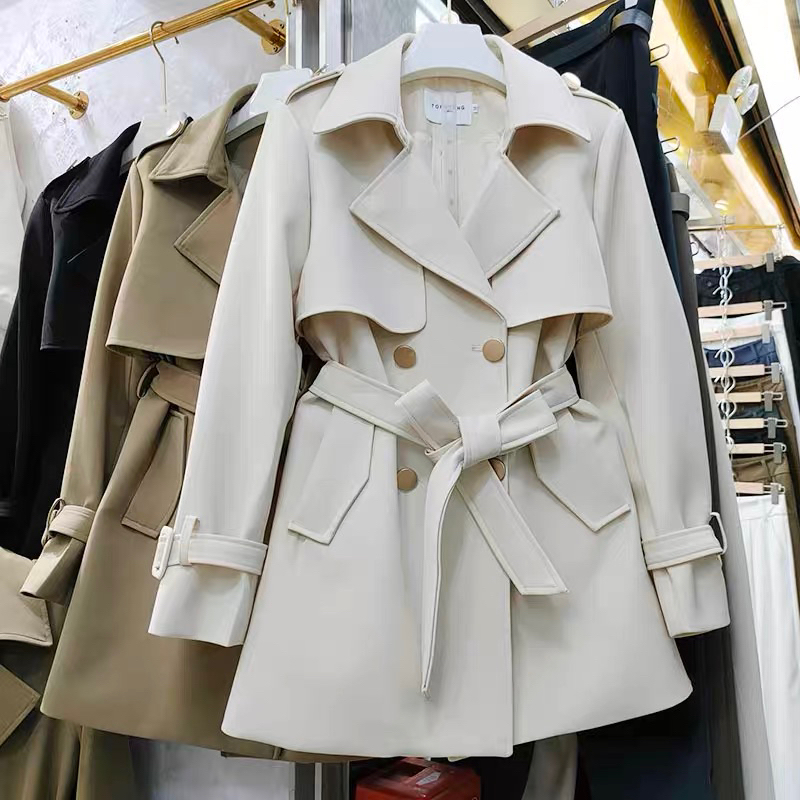 Áo khoác măng tô dáng lửng YIMI kèm đai eo phong cách Hàn Quốc