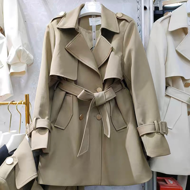 Áo khoác măng tô dáng lửng YIMI kèm đai eo phong cách Hàn Quốc