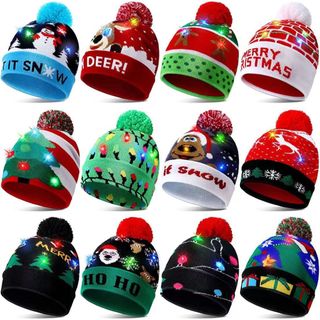 Mũ len noel có đèn led cho bé và người lớn đính bóng nón len giáng sinh hóa trang mũ len christmas cho bé