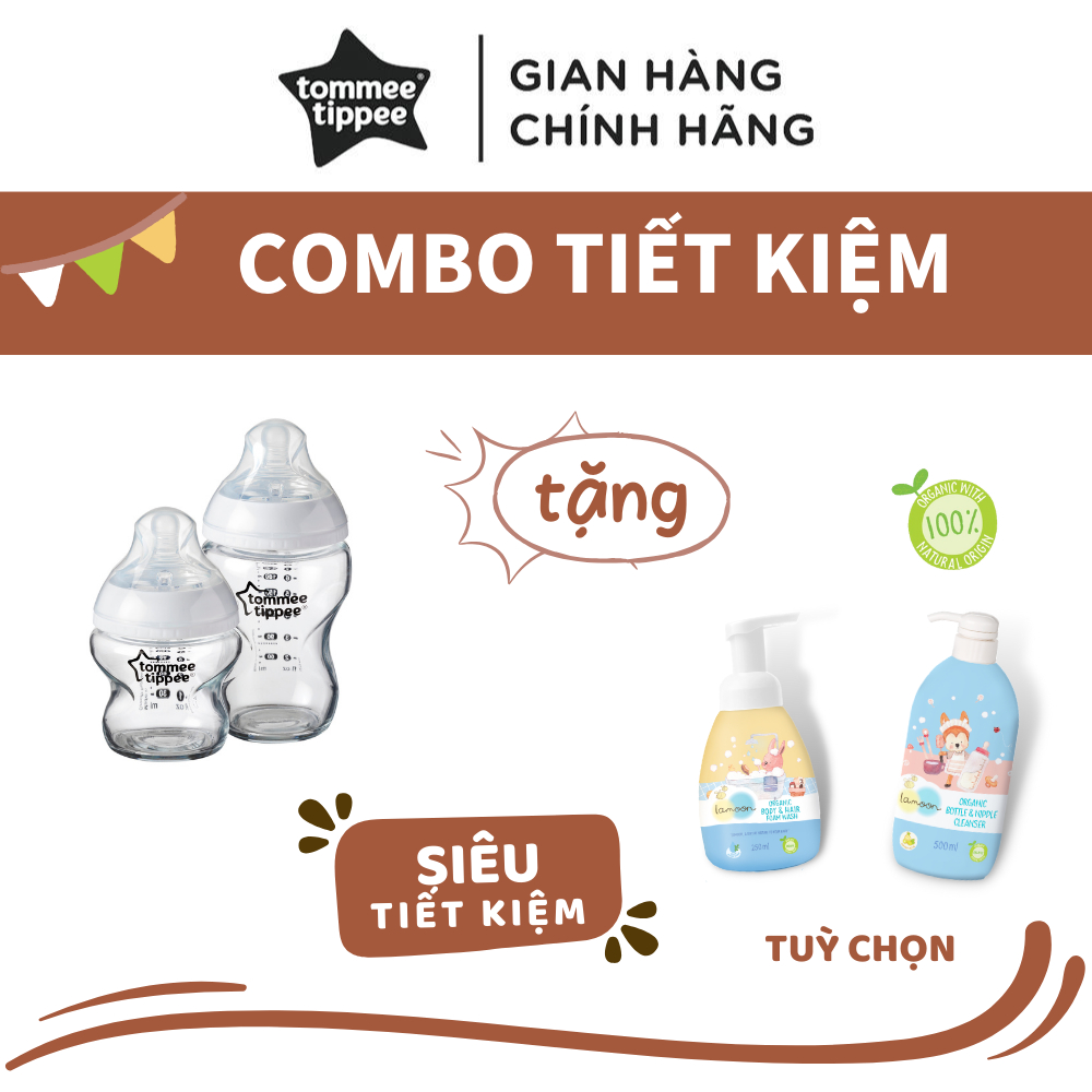 COMBO 2 Bình Sữa Tommee Tippee Thuỷ Tinh Ty Siêu Mềm Tự Nhiên TẶNG 1 Bình Nước Rửa Bình Sữa/Sữa tắm Lamoon (Tuỳ Chọn)