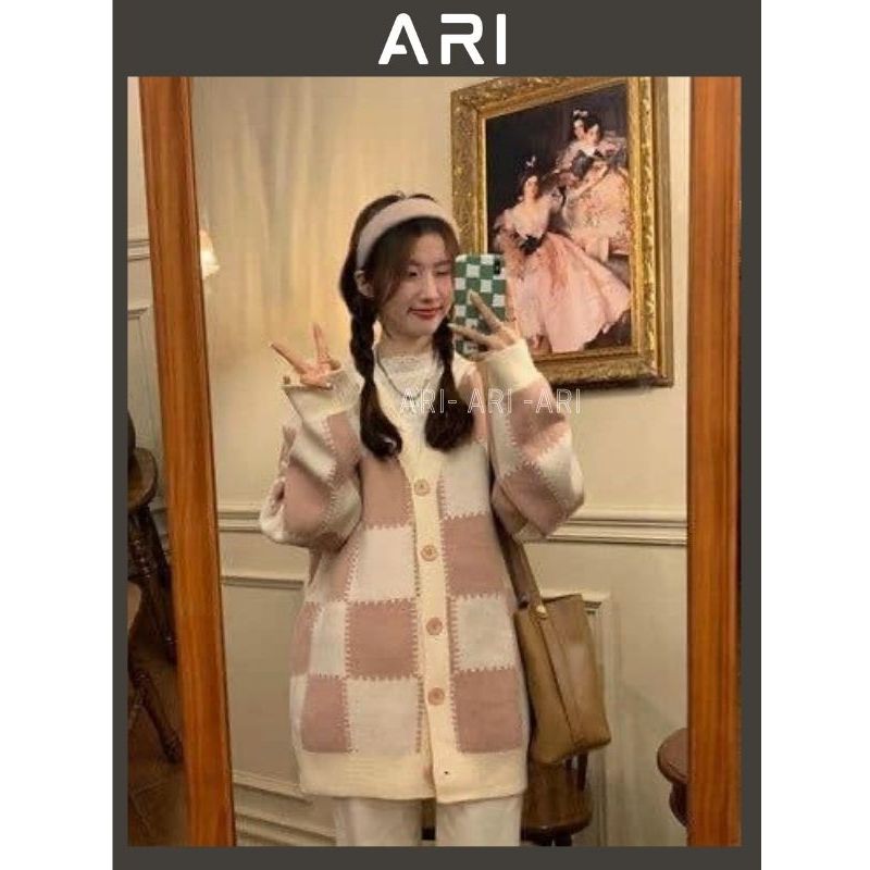 Áo cardigan dài tay ô vuông hồng trắng - Áo khoác nỉ dáng suông rộng phong cách thể thao xinh xắn - ARI A57