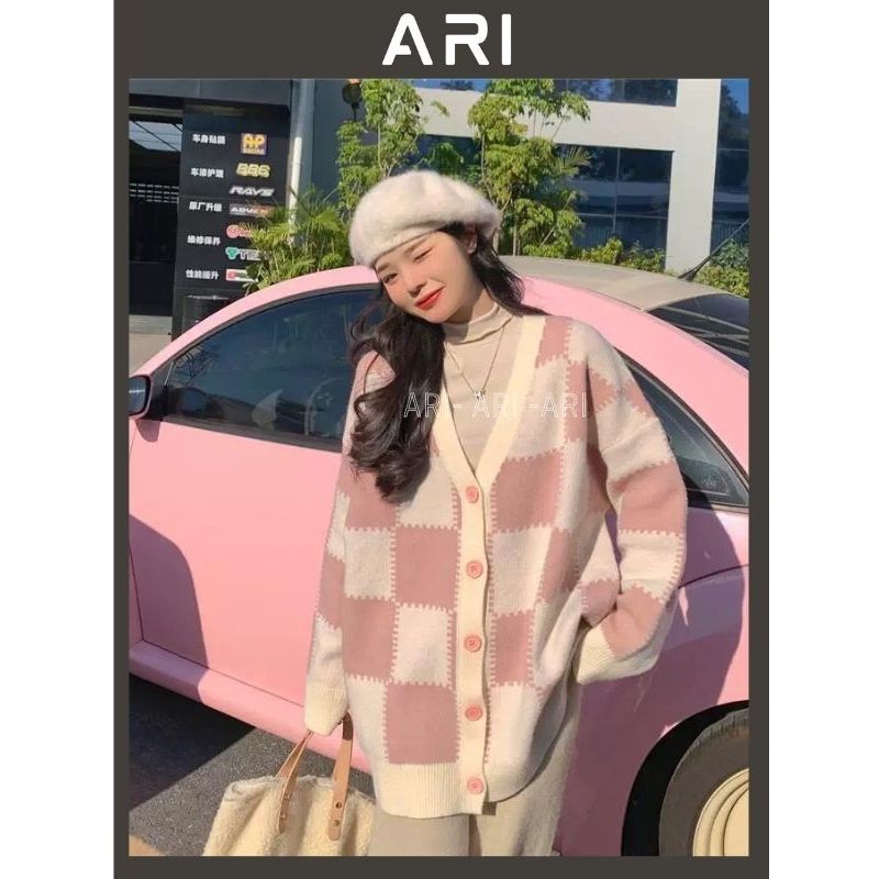 Áo cardigan dài tay ô vuông hồng trắng - Áo khoác nỉ dáng suông rộng phong cách thể thao xinh xắn - ARI A57