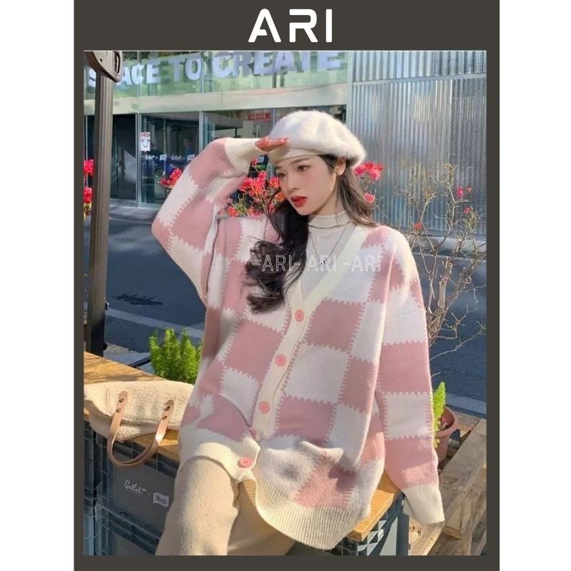 Áo cardigan dài tay ô vuông hồng trắng - Áo khoác nỉ dáng suông rộng phong cách thể thao xinh xắn - ARI A57