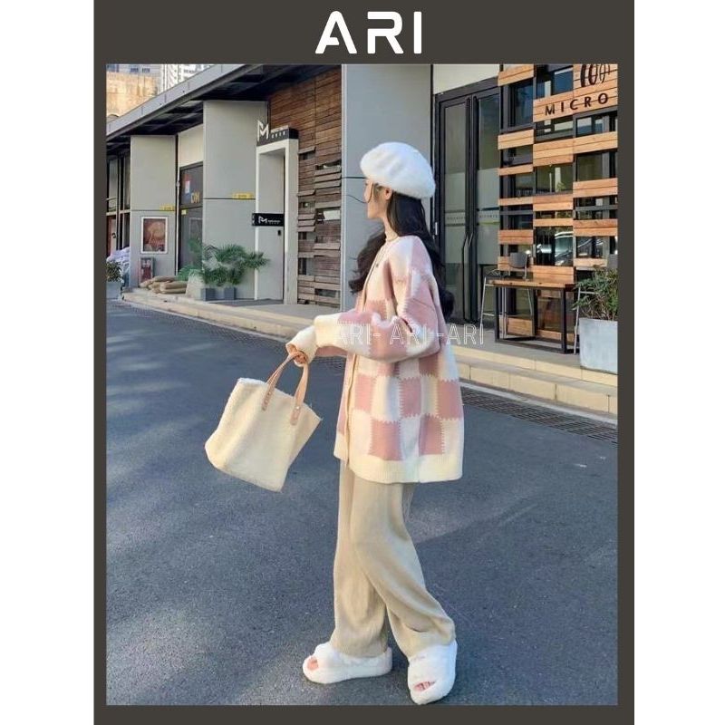 Áo cardigan dài tay ô vuông hồng trắng - Áo khoác nỉ dáng suông rộng phong cách thể thao xinh xắn - ARI A57