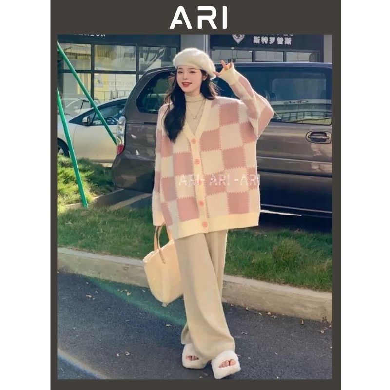 Áo cardigan dài tay ô vuông hồng trắng - Áo khoác nỉ dáng suông rộng phong cách thể thao xinh xắn - ARI A57