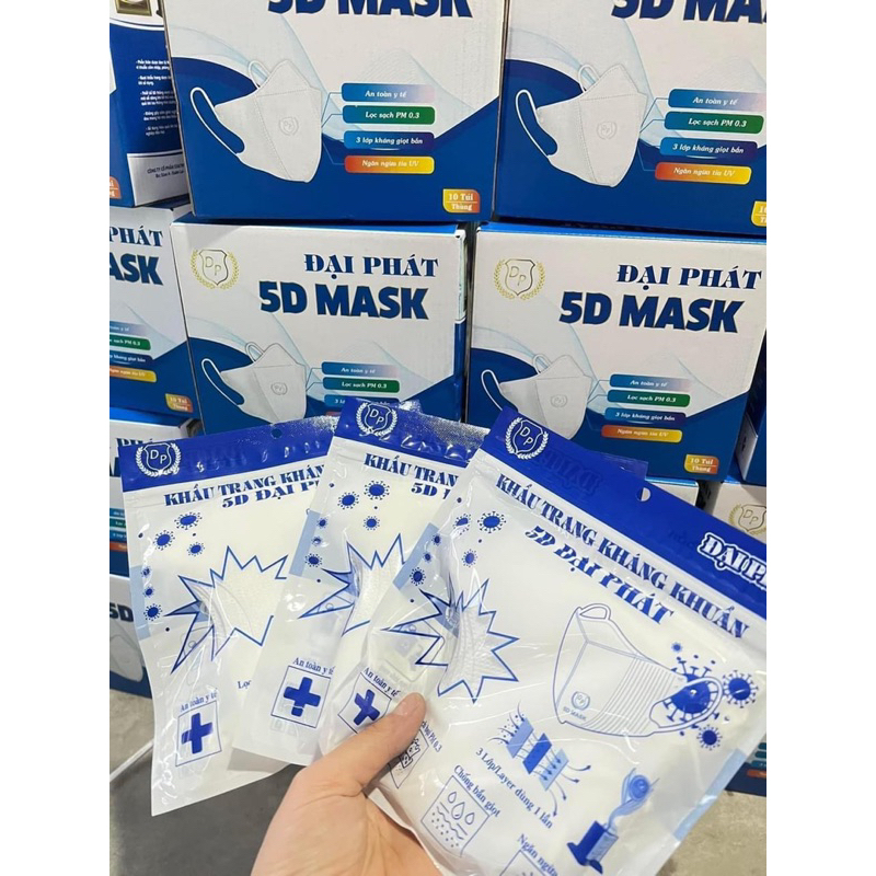 Thùng 200 chiếc khẩu trang 5D Đại Phát, 3 lớp kháng khuẩn, kháng nước, chống bụi mịn, không đau tai