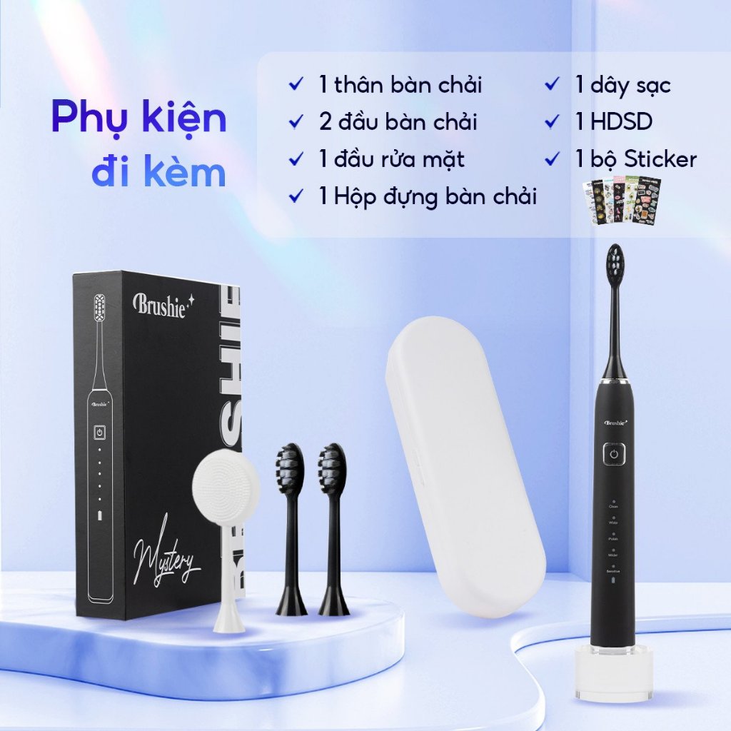 Bàn chải điện Brushie 5 chế độ và set 3 đầu bàn chải - Combo siêu tiết kiệm công nghệ sóng âm sonic, chải sạch mảng bám