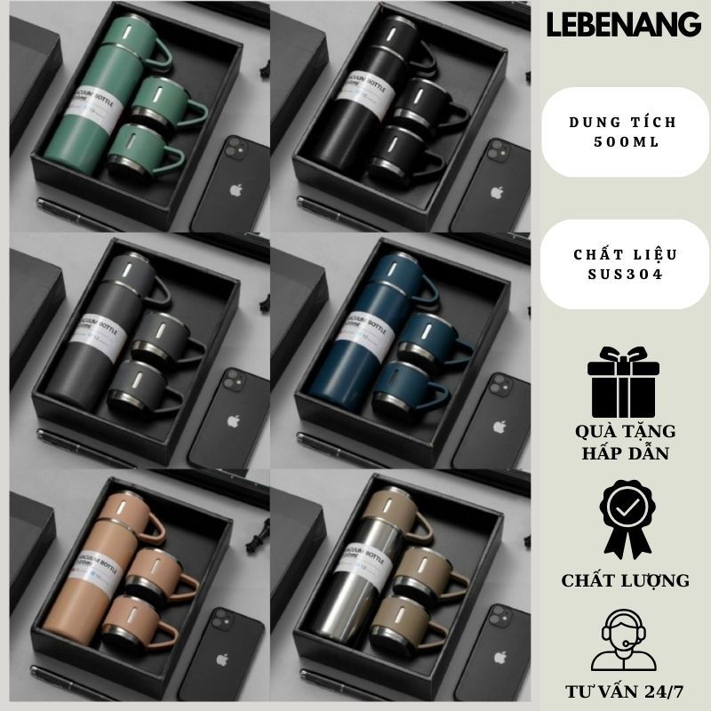 Bình giữ nhiệt inox 304 nắp kín Vacuun 500ml kèm 2 cốc thiết kế 5 màu sang trọng làm quà tặng Lebenang