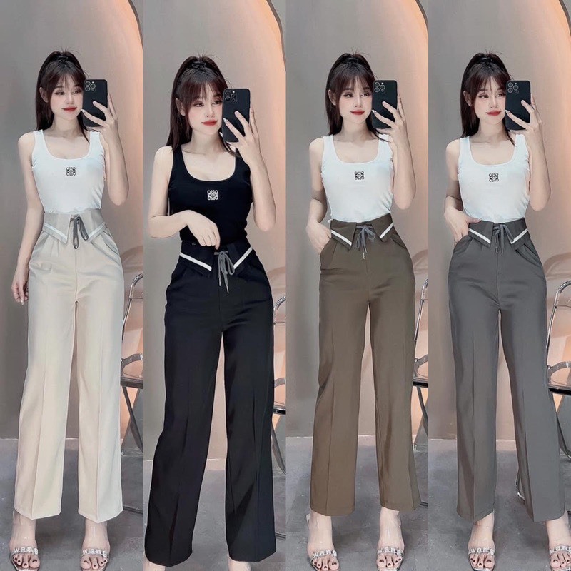 Quần ống suông, quần ống rộng cạp sọc bẻ 2 bên thiết kế luwg cao kèm dây rút chất liệu ruby hàn loại 1 mềm mịn form xinh