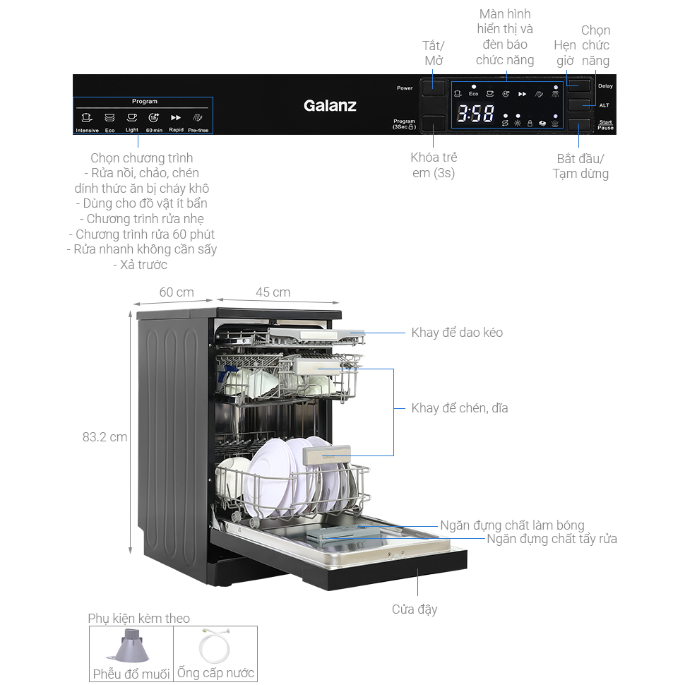 W45A3A401S-0E1 ---Máy rửa chén độc lập Galanz W45A3A401S-0E1 - BẢO HÀNH CHÍNH HÃNG, GIAO MIỄN PHÍ HCM