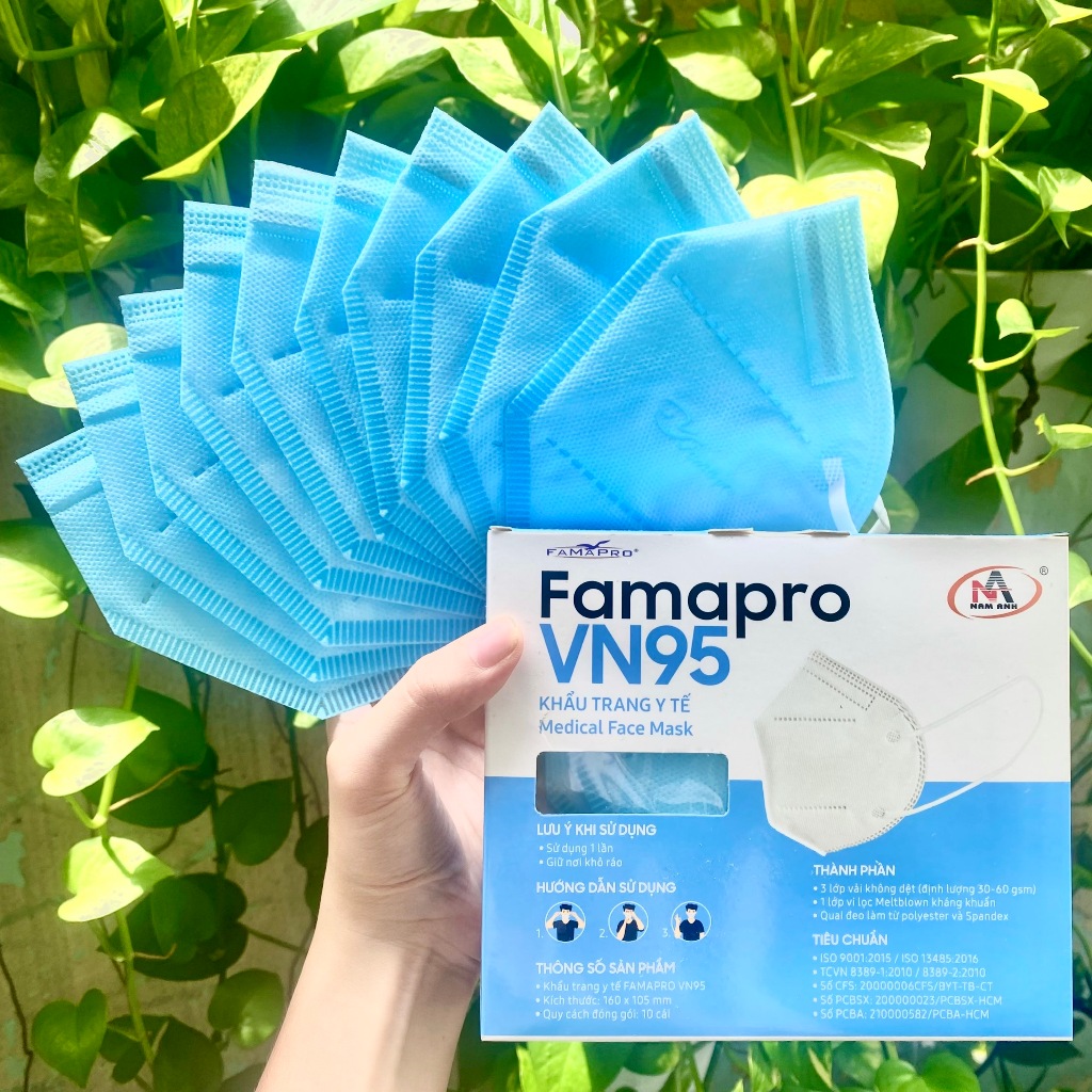 Khẩu trang VN95 FAMAPRO Nam Anh 10 cái/ hộp kháng khuẩn 8 màu Trắng / Xám / Đen / Xanh / Rêu / Hồng / Vàng Nhạt