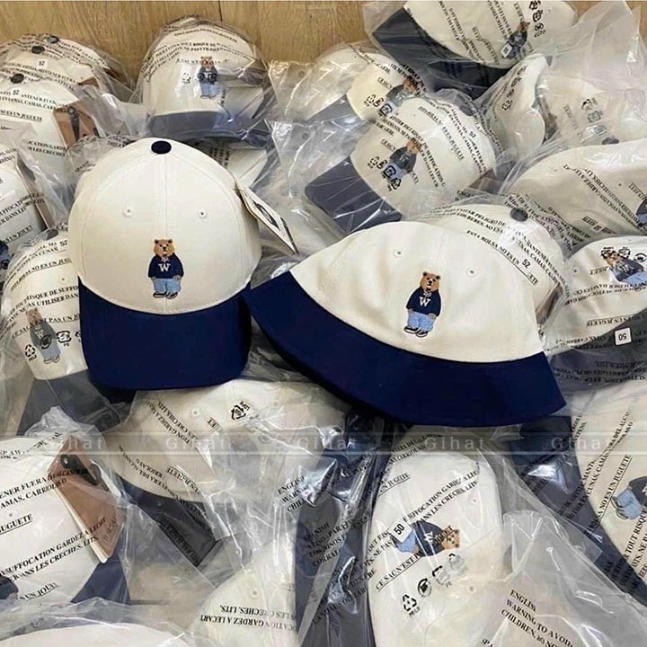 Mũ Lưỡi Trai Unisex WHOAU Chất Liệu Kaki Thêu Logo Gấu, Phong Cách Hàn Quốc, Nón Kết Gấu Đầy Đủ Tem