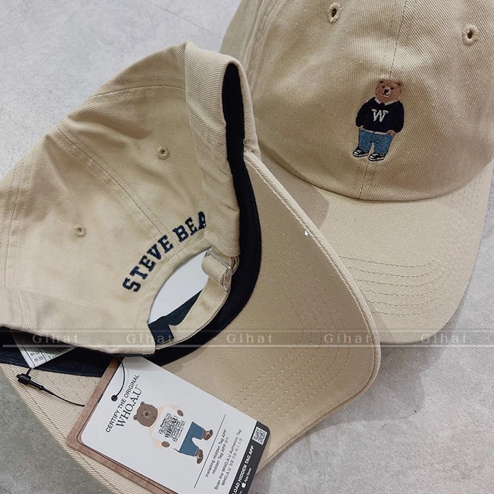 Mũ Lưỡi Trai Unisex WHOAU Chất Liệu Kaki Thêu Logo Gấu, Phong Cách Hàn Quốc, Nón Kết Gấu Đầy Đủ Tem