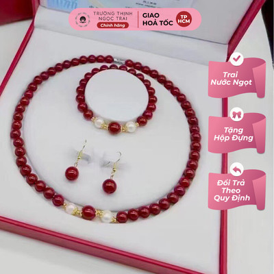 Bộ Trang Sức Ngọc Trai Mix Đá Đỏ 9ly Kiểu Dáng Sang Trọng, Tinh Tế Dự Tiệc - Ngọc Trai Trường Thịnh