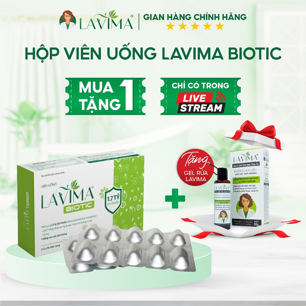 [MUA 1 TẶNG 1] Hộp viên uống Lavima Biotic 20v tặng Gel rửa Lavima 88g