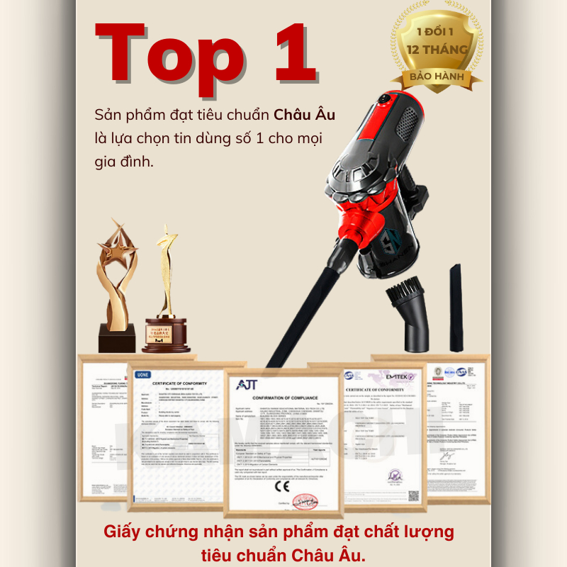 Máy hút bụi DELA Lực hút siêu mạnh 1200W, thế hệ mới, cầm tay kiểu đứng, 3 đầu hút MHB06