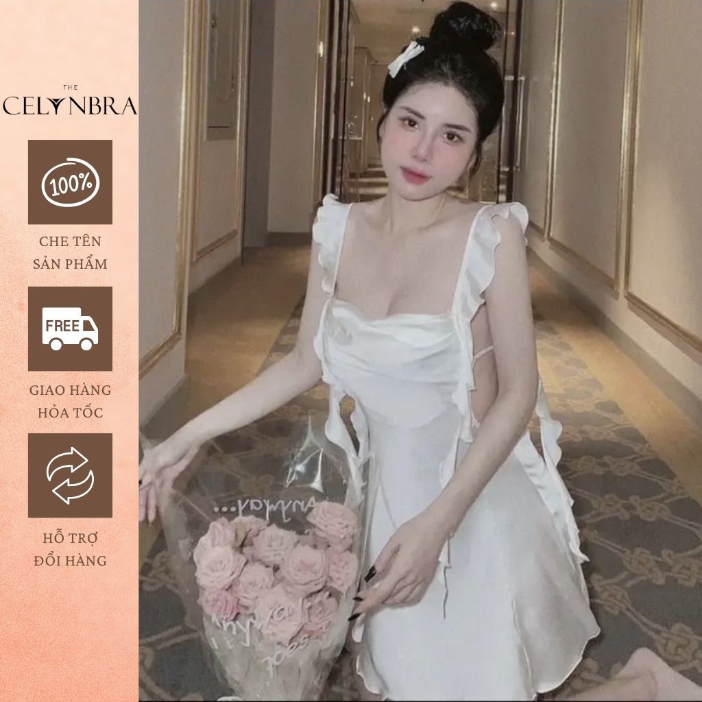Váy ngủ lụa cổ đổ sexy phối dây cánh tiên THE CELYNBRA - V123