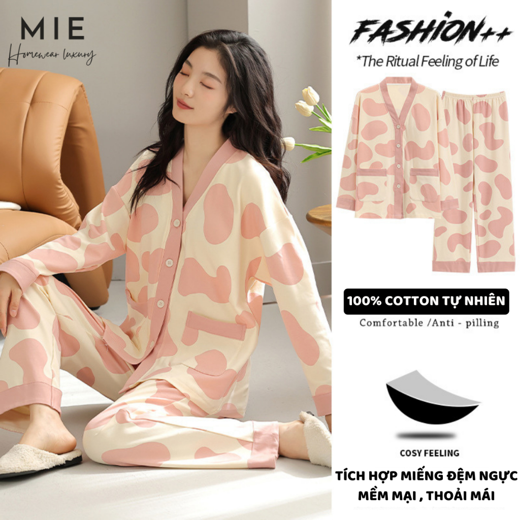 Bộ pyjama quần áo ngủ cho nữ cổ V có đệm ngực cotton cao cấp
