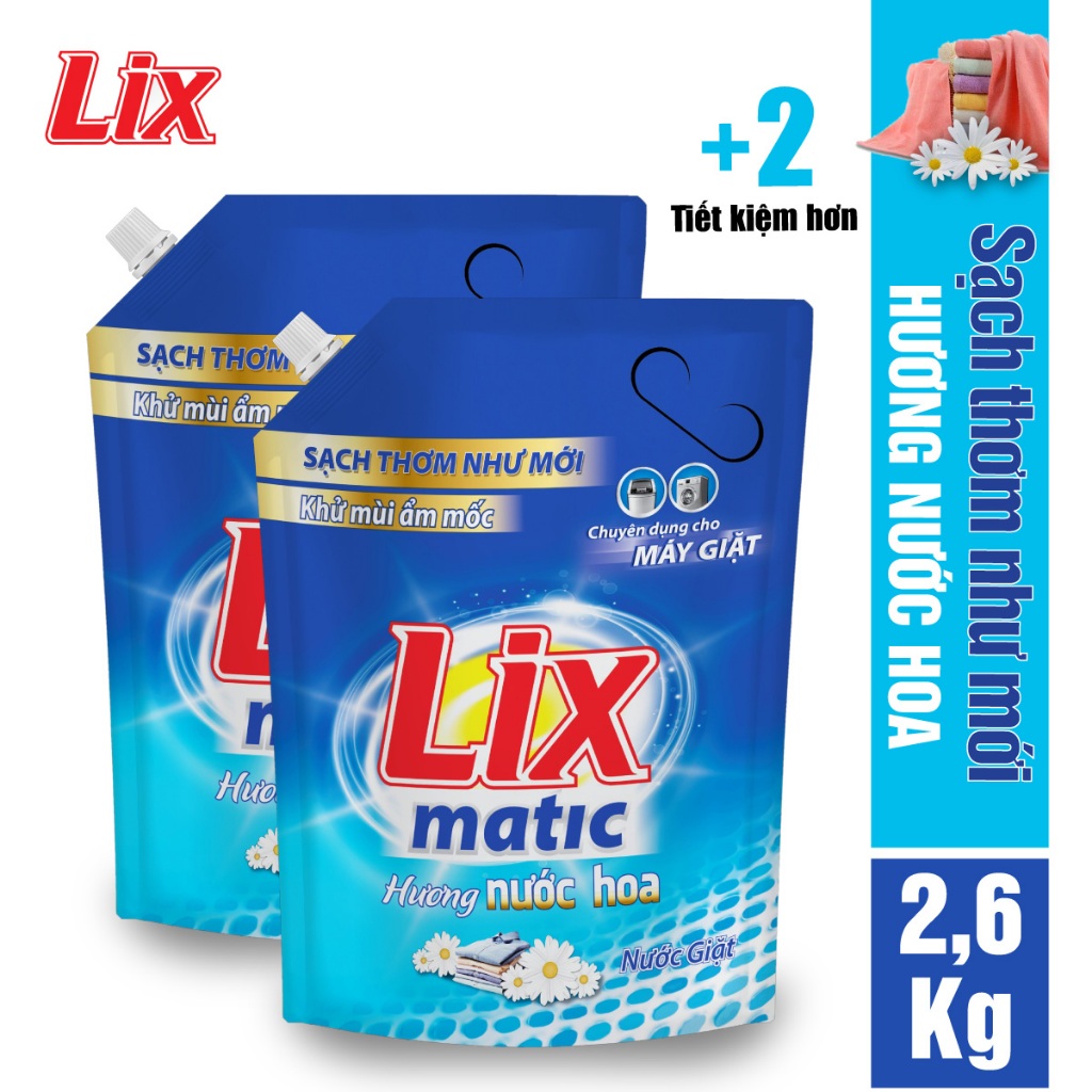 COMBO 2 túi nước giặt LIX matic hương nước hoa (2 túi x 2.6kg) NGM27 - Dùng cho máy giặt cửa trước