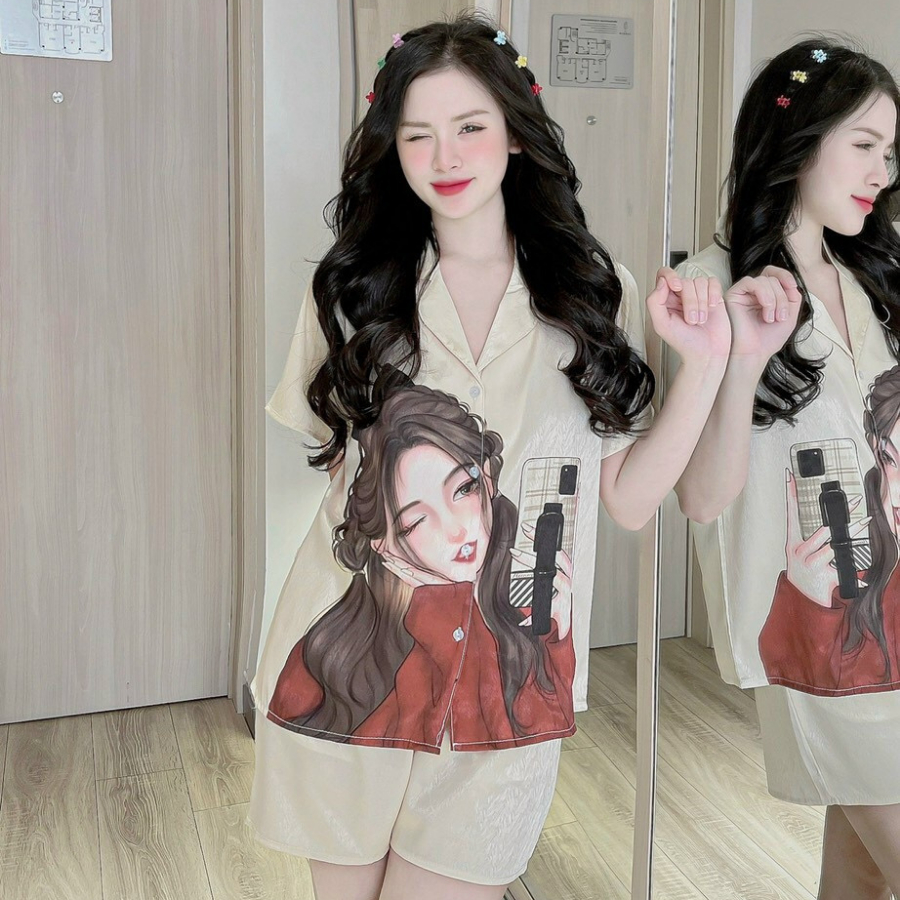 Đồ bộ pijama nữ tay ngắn mặc nhà lụa xước cao cấp siêu cute dễ thương