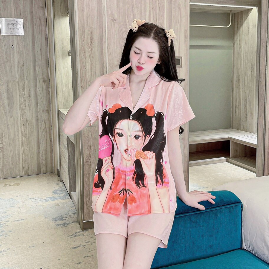 Đồ bộ pijama nữ tay ngắn mặc nhà lụa xước cao cấp siêu cute dễ thương