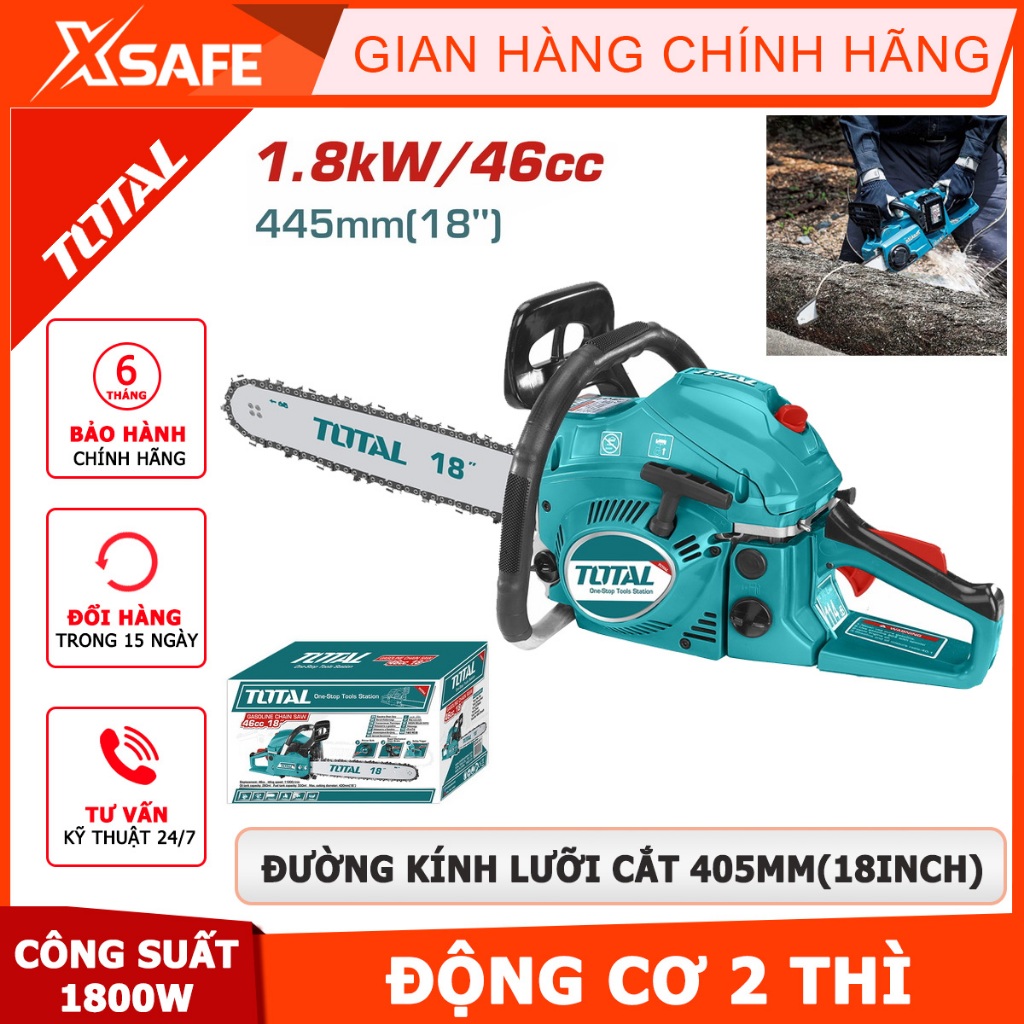 Máy cưa xích xăng TOTAL TG5451811 công suất 1800W, dung tích 46cc, động cơ 2 thì mạnh mẽ, đường kính cắt 445mm