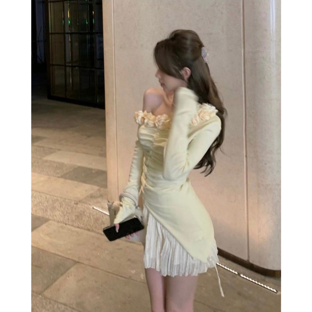 SET ÁO BẸT KEM GÂN TĂM NHÚN CHỈ TAY DÀI CUỐN BIÊN VIỀN HOA NGỰC + CHÂN VÁY XƯỢC KEM  SHEEP