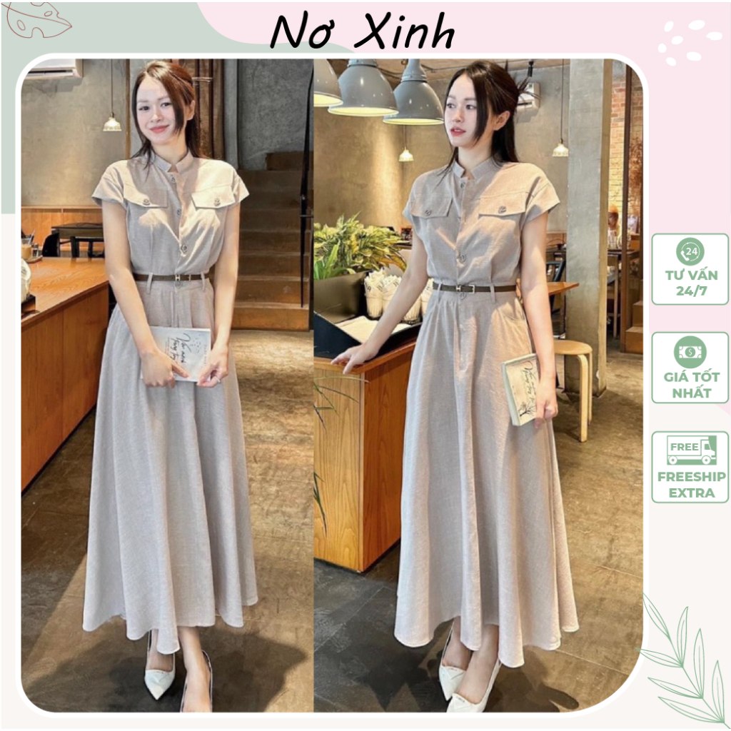 VÁY SƠ MI DÁNG DÀI CỔ TRỤ TẶNG KÈM THẮT LƯNG, đầm công sở dự tiệc maxi cao cấp Nơ Xinh Store