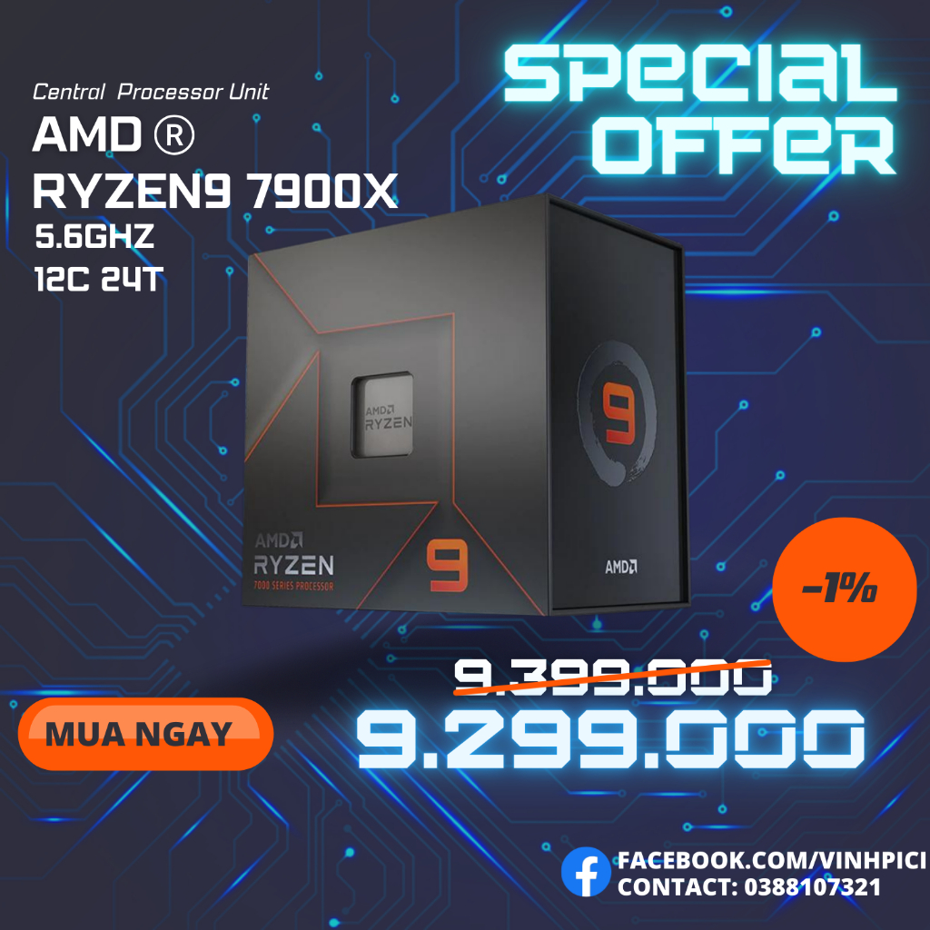 CPU AMD Ryzen 9 7900X ( 4.7GHz Boost 5.6GHz / 12 nhân 24 luồng / 76MB / AM5) [NEW]