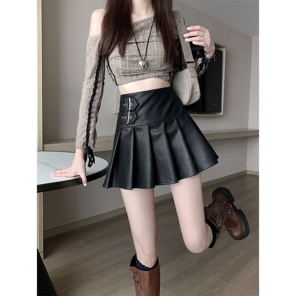 Chân váy da, chân váy da chữ A, Chân váy xếp ly da PU phong cách cho nữ