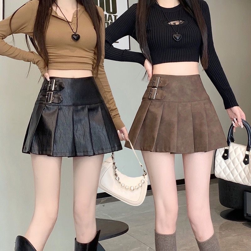 Chân váy da, chân váy da chữ A, Chân váy xếp ly da PU phong cách cho nữ