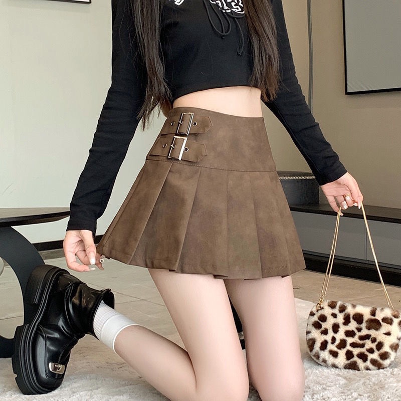 Chân váy da, chân váy da chữ A, Chân váy xếp ly da PU phong cách cho nữ