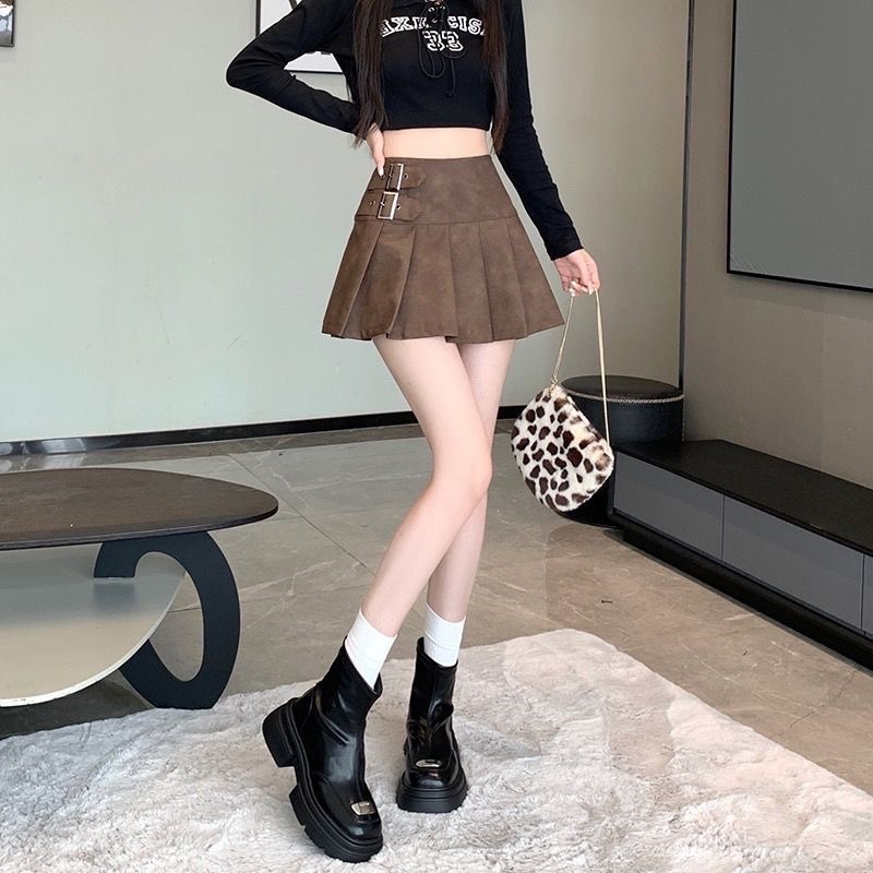 Chân váy da, chân váy da chữ A, Chân váy xếp ly da PU phong cách cho nữ