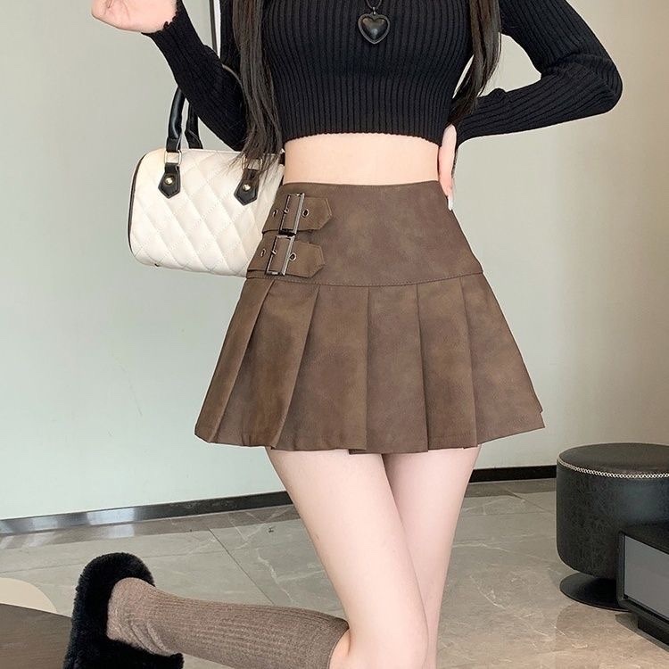 Chân váy da, chân váy da chữ A, Chân váy xếp ly da PU phong cách cho nữ