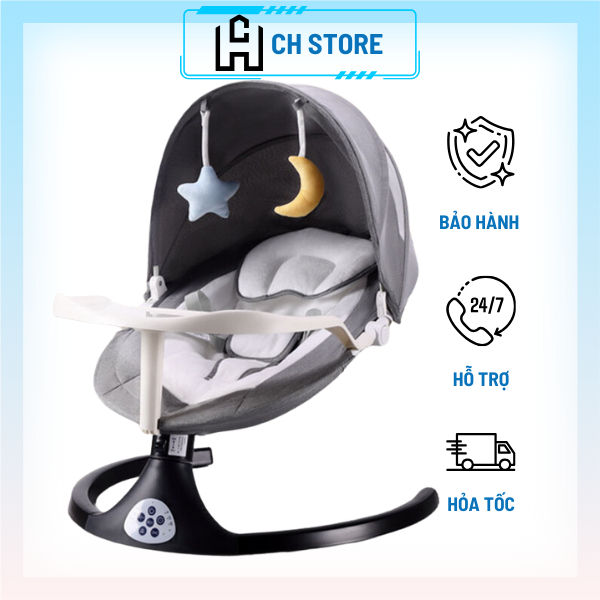 Ghế rung nhún ru ngủ cho bé sơ sinh, nôi điện tự động có điều khiển từ xa nâng hạ thành ghế ăn dặm, màn phủ chống muỗi