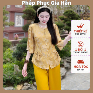Bộ lam đi chùa nữ cổ tròn đính cúc ngọc túi tiền Pháp phục đi chùa lụa gấm cao cấp Đồ bộ đi lễ thanh lịch