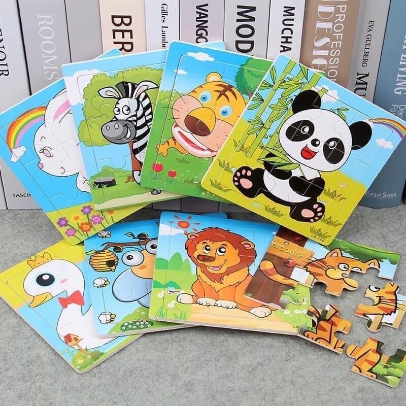 Combo 10 Tranh ghép hình 9 miếng loại lớn 15x15cm in hình ngộ nghĩnh bằng gỗ cho bé, đồ chơi xếp hình 9 miếng