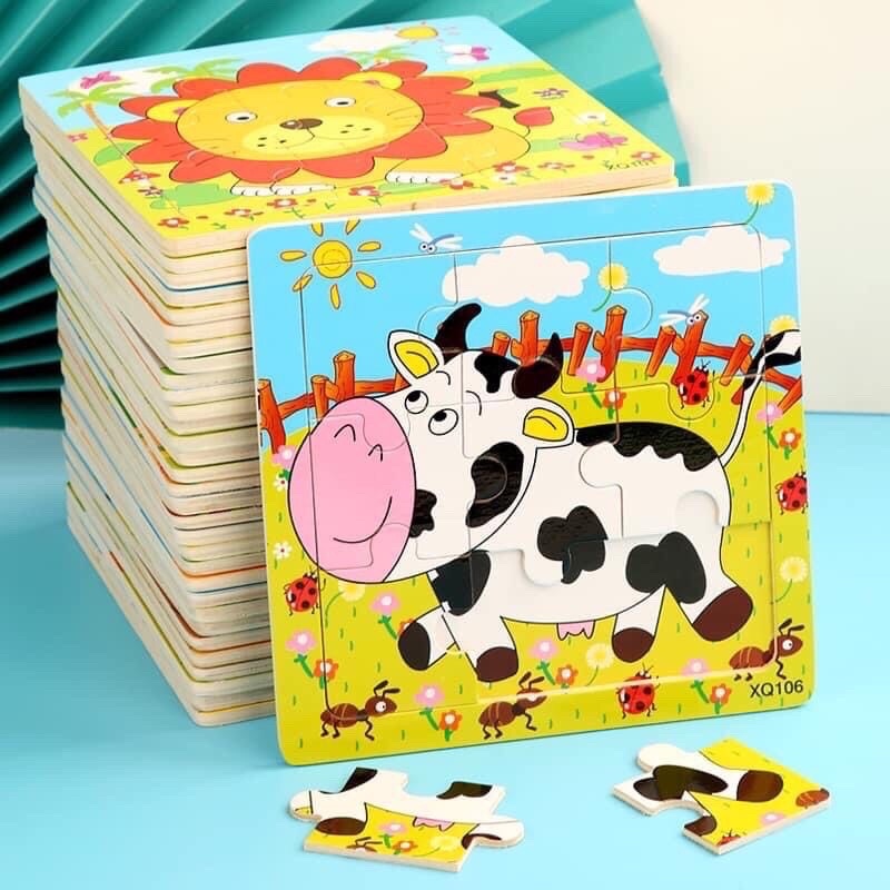 Combo 10 Tranh ghép hình 9 miếng loại lớn 15x15cm in hình ngộ nghĩnh bằng gỗ cho bé, đồ chơi xếp hình 9 miếng