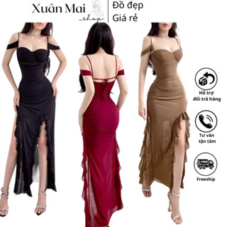  Đầm nữ tôn dáng ôm body nữ form maxi dài chất lưới 2 dây xẻ tà xẻ đùi viền bèo cúp ngực sẵn mút Nancy sheer dress 