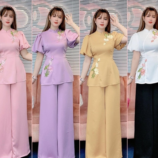 Set đồ lam đi chùa hoa sen thêu chất vải cát nhung cao cấp, mềm mịn - SD214