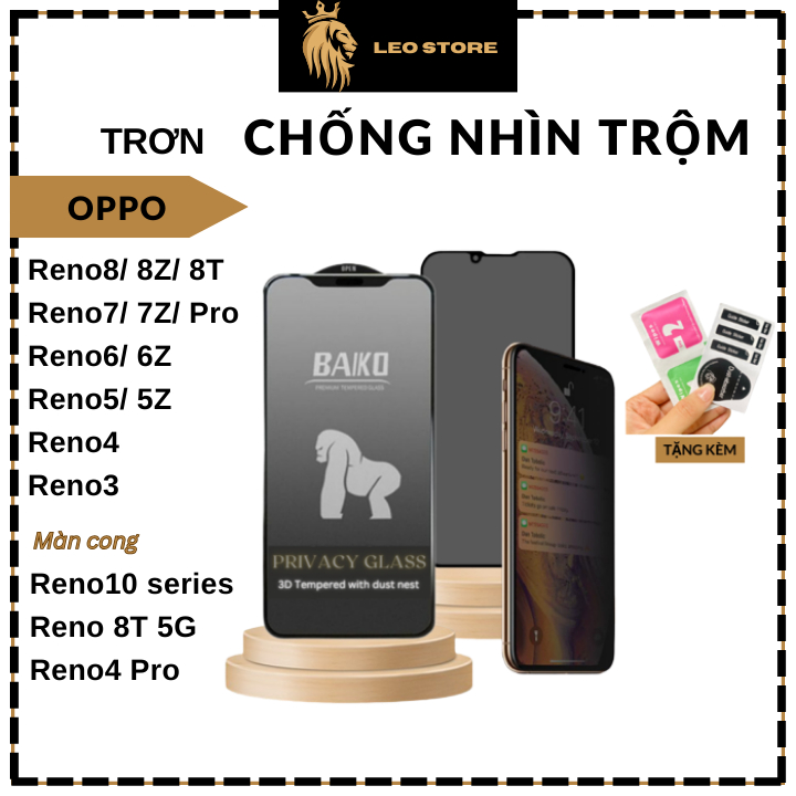 Kính cường lực chống nhìn trộm oppo reno 2 2f 3 4 5 6 6z 7 7z 8 7 pro 8 pro-Full màn- Độ trong HD+-Độ cứng 9H siêu mượt